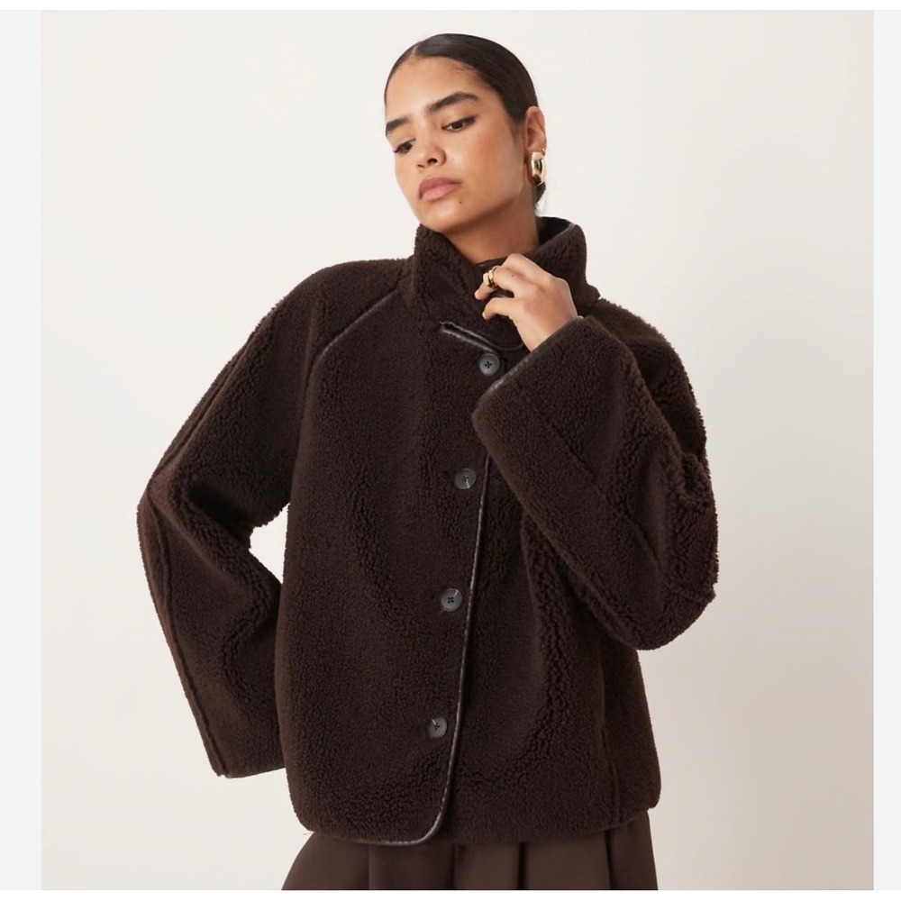 Gina Tricot Brown Reversible Teddy Jacket Faux Shearling Leather Funnel Neck 36